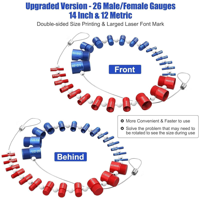 [Australia - AusPower] - VOBOR Screw & Nut Thread Tester, 26 Pieces Internal/Male Thread Measuring Tool for Inch & Metric Sizes, 14 Imperial + 12 Metric Threads, Precise Inspection Tool 