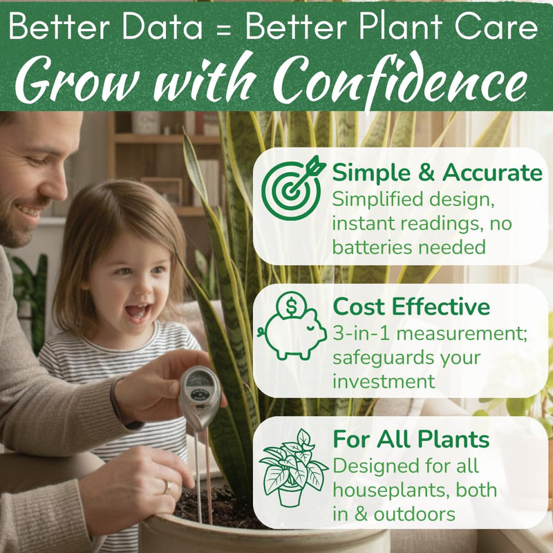 [Australia - AusPower] - Houseplant Health Meter – 3-in-1 Tool to Prevent Overwatering, Root Rot & Leaf Burn | Test Soil Moisture, Sunlight & pH | Simple, Easy, Battery-Free | Suitable for Indoor, Outdoor & Potted Plants 