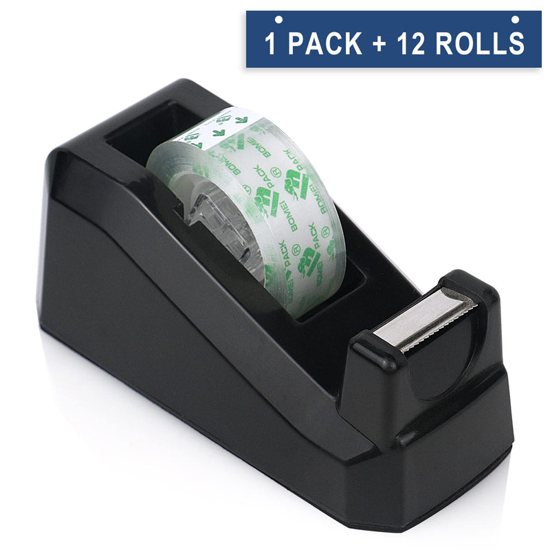 BOMEI PACK Tape Dispensers Desk, 1 Pack Black with 12Rolls Transparent Tape, 1 Inch Core, for Gift Wrapping, School, Office and Home