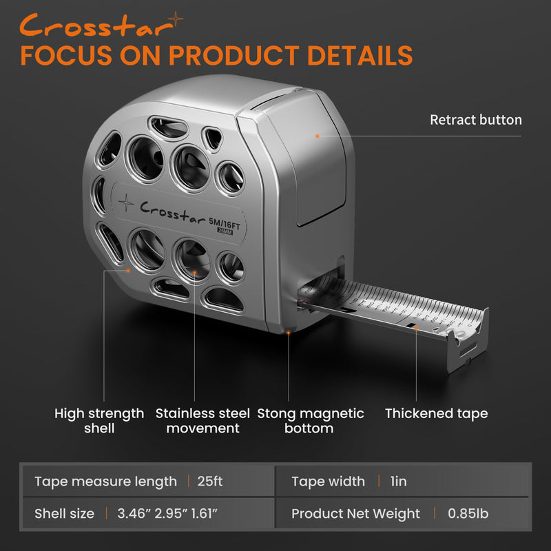 [Australia - AusPower] - Crosstar 25FT Magnetic Self-Locking Stainless Steel Tape Measure, Double-Sided Scale, Waterproof & Rustproof Retractable Measuring Tape with Hollow Design for Home, Industrial, Woodworking 25' 