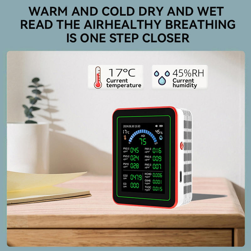 [Australia - AusPower] - Indoor Air Quality Monitor, 18 in 1 Professional Meter, Battery Powered, Data Storage, Tester for CO2 TVOC HCHO PM2.5 PM10 Temp Humid 