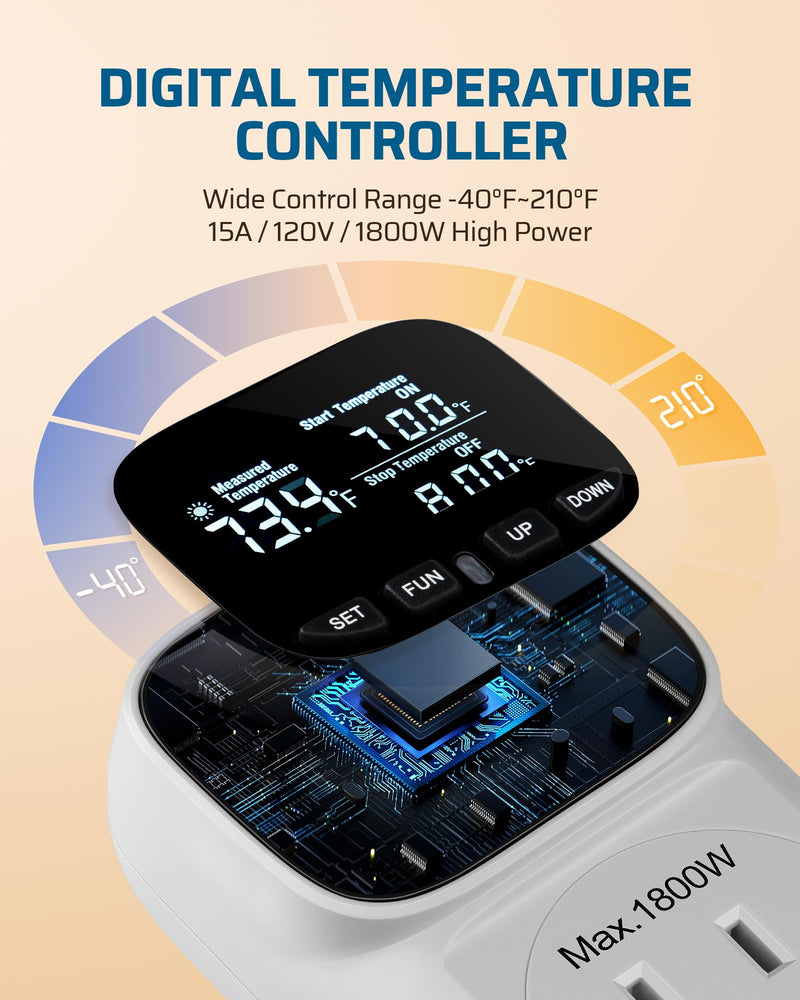 [Australia - AusPower] - DEWENWILS Digital Temperature Controller, Heavy Duty 15A/1800W Thermostat Outlet Plug, VA Display Heating Cooling Control Timer, -40?~210?, Cyclic Timing/Countdown, for Greenhouse Incubator Homebrew 