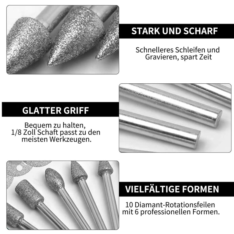 [Australia - AusPower] - Raheem Diamond Cutter Set of 20 Diamond Burr Grinding Pins Compatible with Dremel Rotary Tool Accessories with 1/8 Inch Shank for Stone Glass Ceramic Carving Grinding Polishing Engraving 