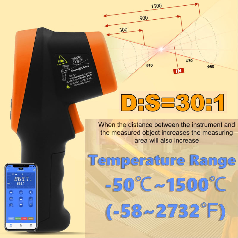 [Australia - AusPower] - Infrared Thermometer with Bluetooth, High Temp Thermometer Pyrometer IR Temperature Gun -58℉- 2732℉ (-50℃ to 1500℃),30:1 Distance Spot Ratio, Dual Laser and Flashlight（NOT for Human） XF-1500APP 