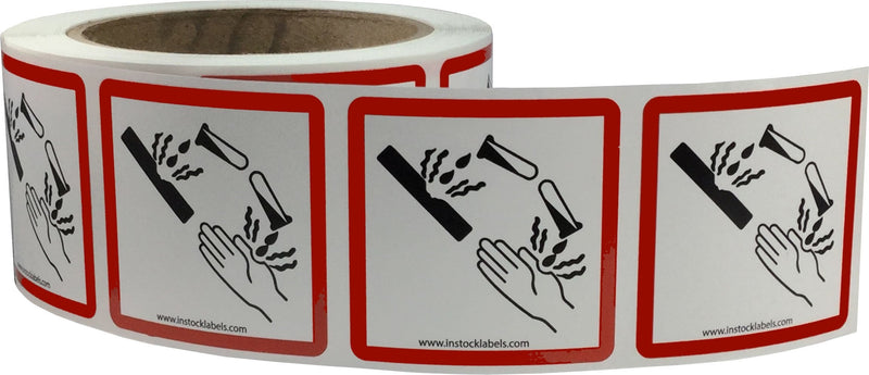 GHS Pictogram Labels Corrosion, 2 x 2 Inch Square Hazard Stickers, 500 Total Adhesive Labels on a Roll for Chemical Safety, OSHA Compliance, and Workplace Labeling – Made in the USA