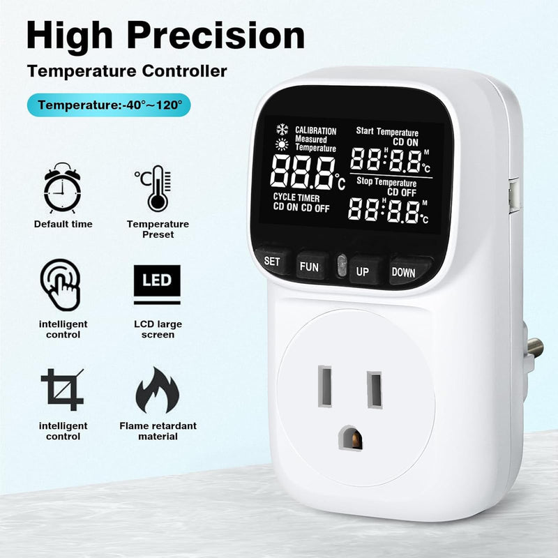 [Australia - AusPower] - KABASI Digital Temperature Controller, Heavy Duty 15A/ 1800W Thermostat Outlet with Sensor, Heating Cooling Control Timer Plug Socket for Greenhouse Refrigerator Terrarium Aquarium, -104℉~210℉ 