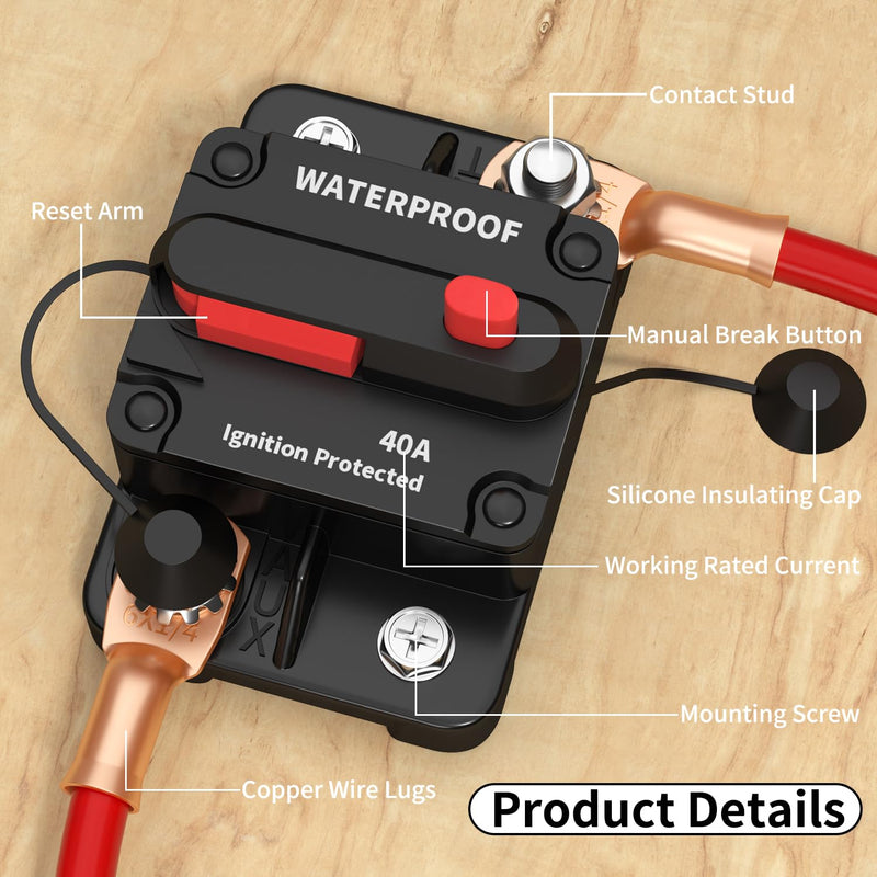 [Australia - AusPower] - DaierTek 40 Amp Marine Circuit Breaker 12V DC Waterproof Manual Reset 40A Inline Breaker Switch for Car Truck Rv Boat -2Pack CB-03-40A 
