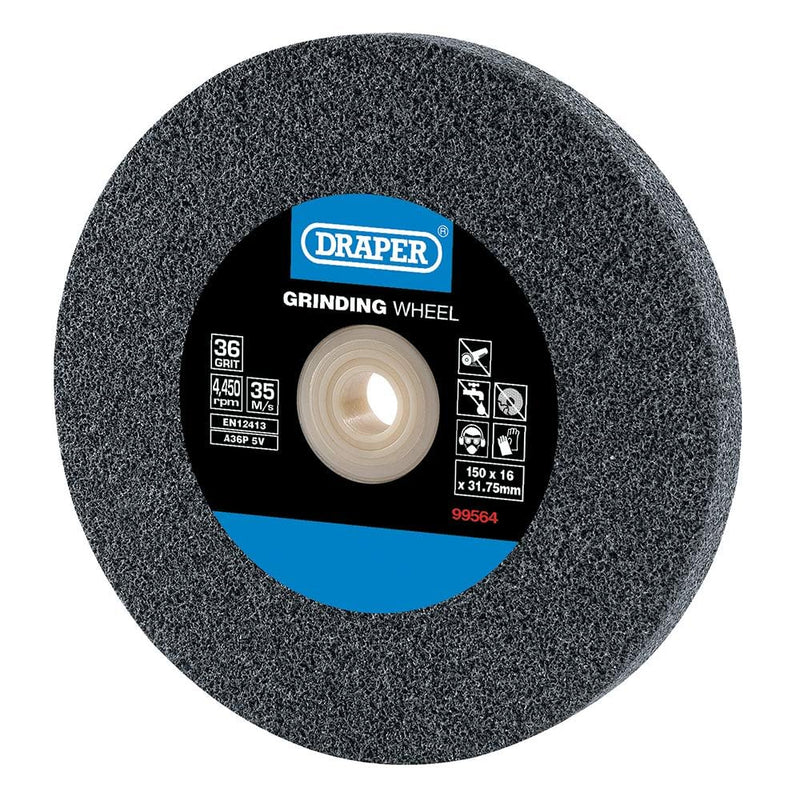 Draper Tools Expert 150 x 16mm Aluminum Oxide Bench Grinding Wheel | 36 grit, 31.75 mm bore, includes 5 reducing rings, for steel and non-ferrous metals