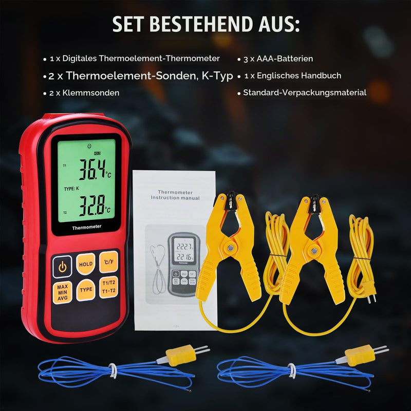 Dual Channel Thermocouple Thermometer, Type K/J/T/E/R/S/N, -150 to 1767 °C (-238 to 3212 °F) Digital Temperature Meter with Backlight Data Hold Function
