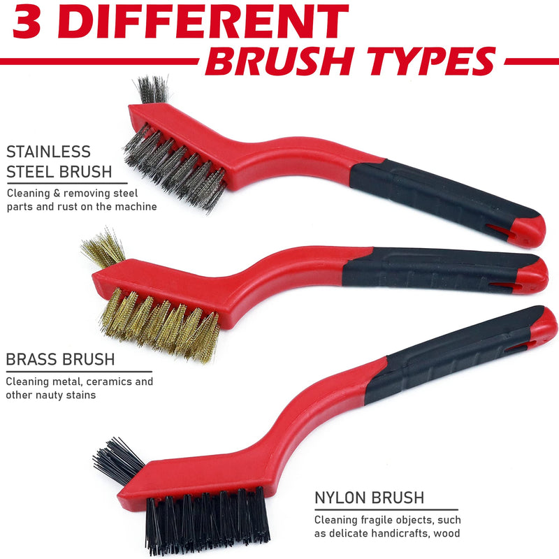 [Australia - AusPower] - TAKAVU Small Wire Brush Set, 3 Different Types Brush, Brass - Stainless Steel - Nylon Wire Brushes for Cleaning with Curved Handle Grip for Rust Removal, Dirt, Paint Scrubbing 3pcs Small Wire Brush 
