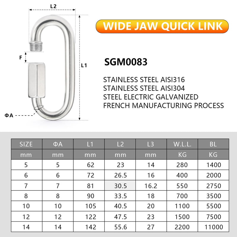 [Australia - AusPower] - Sprookber Stainless Steel Quick Links - 304 Heavy Duty Chain Connector, Screw Locking Carabiner, Hooks, Set of 4 2.45 Inch 