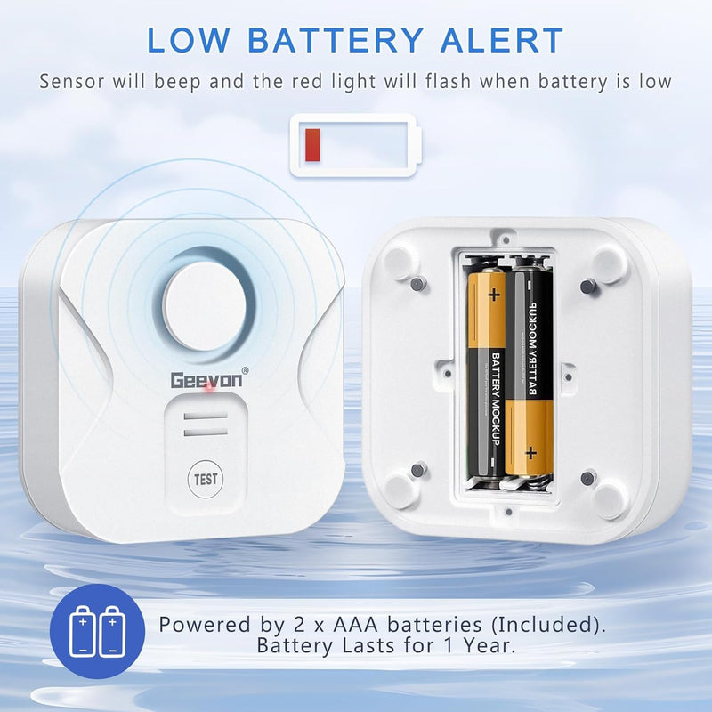 [Australia - AusPower] - Geevon 2 Pack Water Leak Detectors for Home, 100dB Water Sensor Alarm Flood Leakage Detection Devices for Bathroom, Basements, Laundry Rooms, Kitchen, IP56 Waterproof(Battery＆Screwdriver Included) Batteries＆Screwdriver Included 