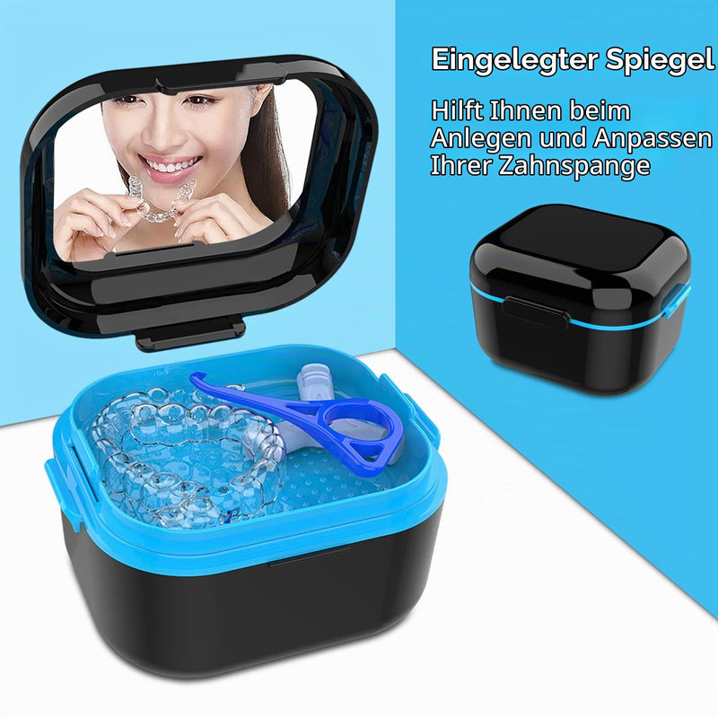 BVN Braces Box & Teeth Cleaner Set - Storage Box for Dental Splint, Prosthesis & Bit, Includes Cleaning Tablets, Denture Container, Travel-Friendly, Black Black Blue