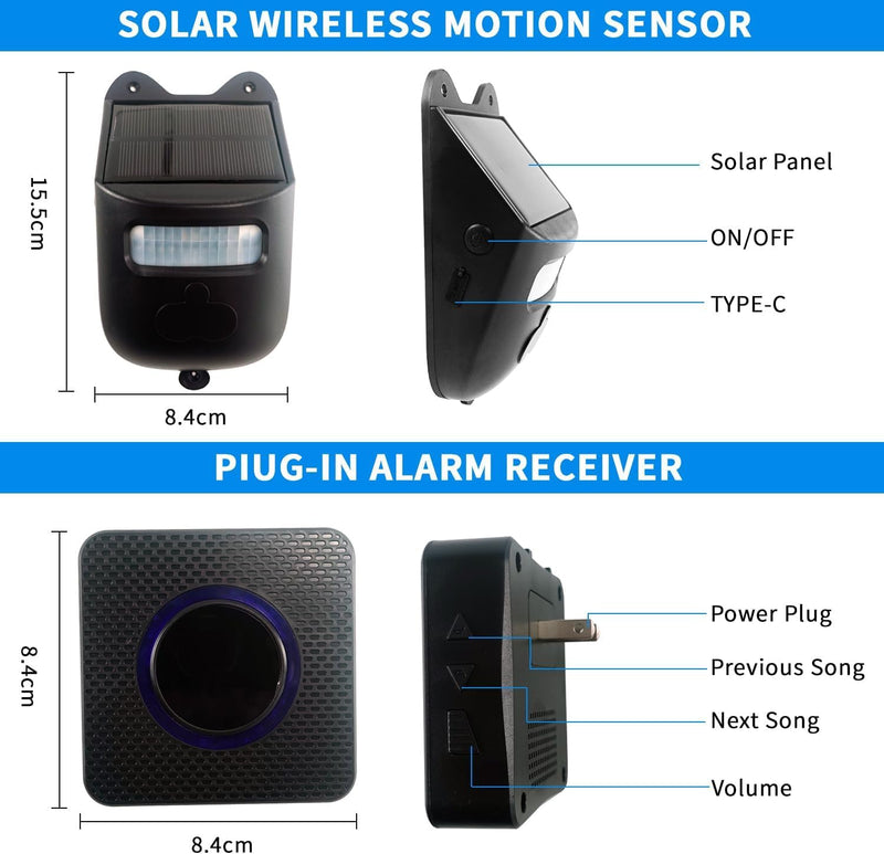 [Australia - AusPower] - Qumox Solar-Powered Driveway Alert System - Wireless Motion Sensor Doorbell with Weatherproof Design for Home and Business Security (2 Sensor & 1 Receiver) B1198 