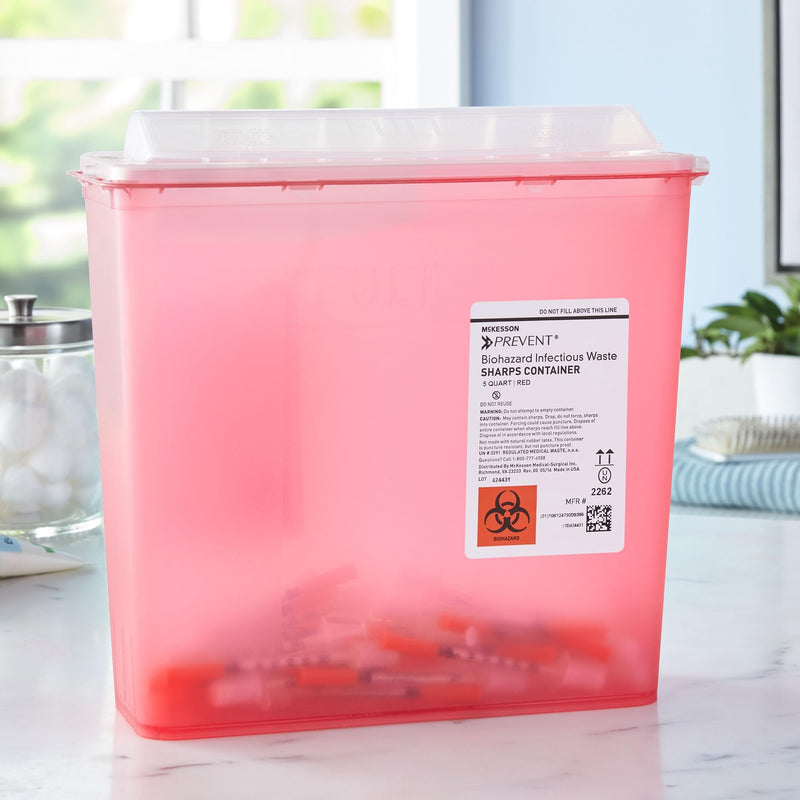 [Australia - AusPower] - McKesson Prevent Sharps Container for Home Use, 5 Quart - for Biohazard Infectious Waste, Needle and Syringe Disposal - Translucent, Touchless Lid - Red, 1 Count 