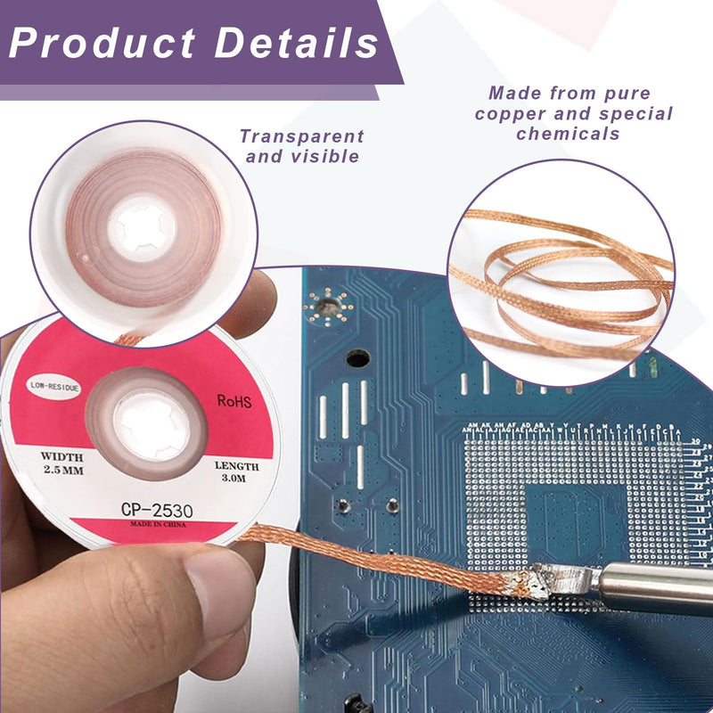 [Australia - AusPower] - Desoldering Braid Set of 4, 2 mm, 2.5 mm, 3 mm, 3.5 mm, Copper Desoldering Wire, No-Clean Desoldering Braid, Ideal for Desoldering and Removing Solder from Solder Points 