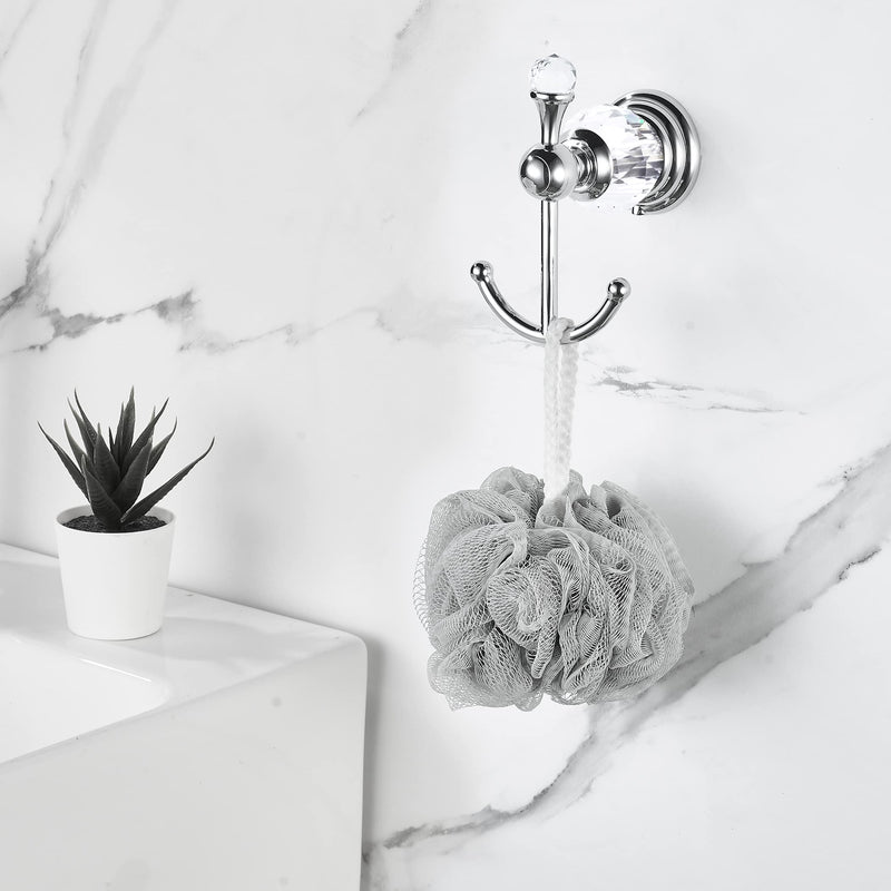 BATHSIR Crystal Robe Hook, Polished Chrome Double Towel Hook for Bathroom, Wall Mounted Silver Coat Hook