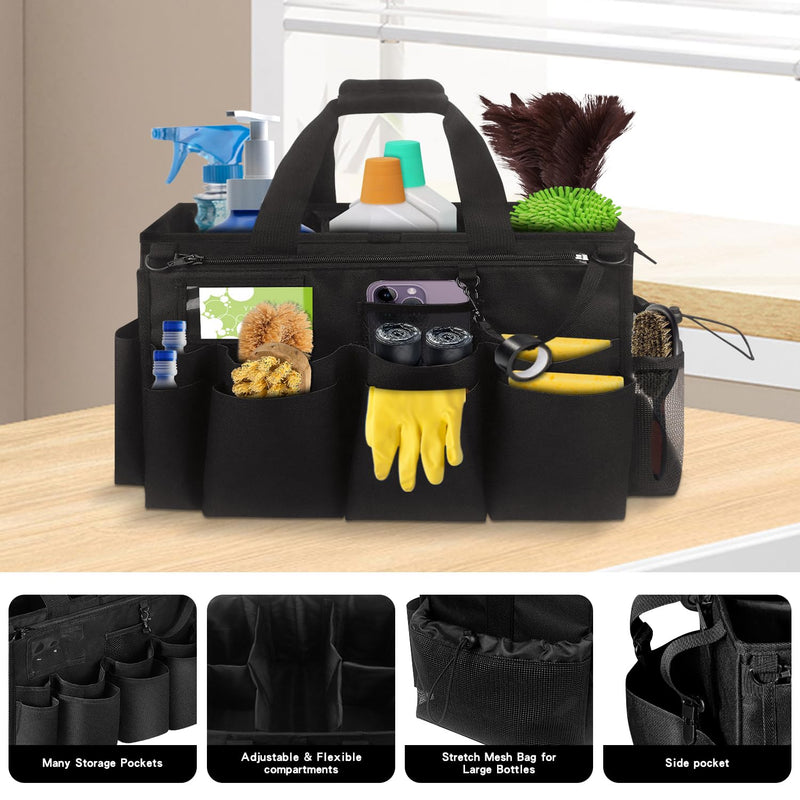 Grekos Wearable Cleaning Caddy Bag, Cleaning Caddy Suppliers Organizer with 4 Foldable Dividers, Handle & Shoulder Straps Cleaning Tool Organizers for Cleaners & Housekeeper (Black) black