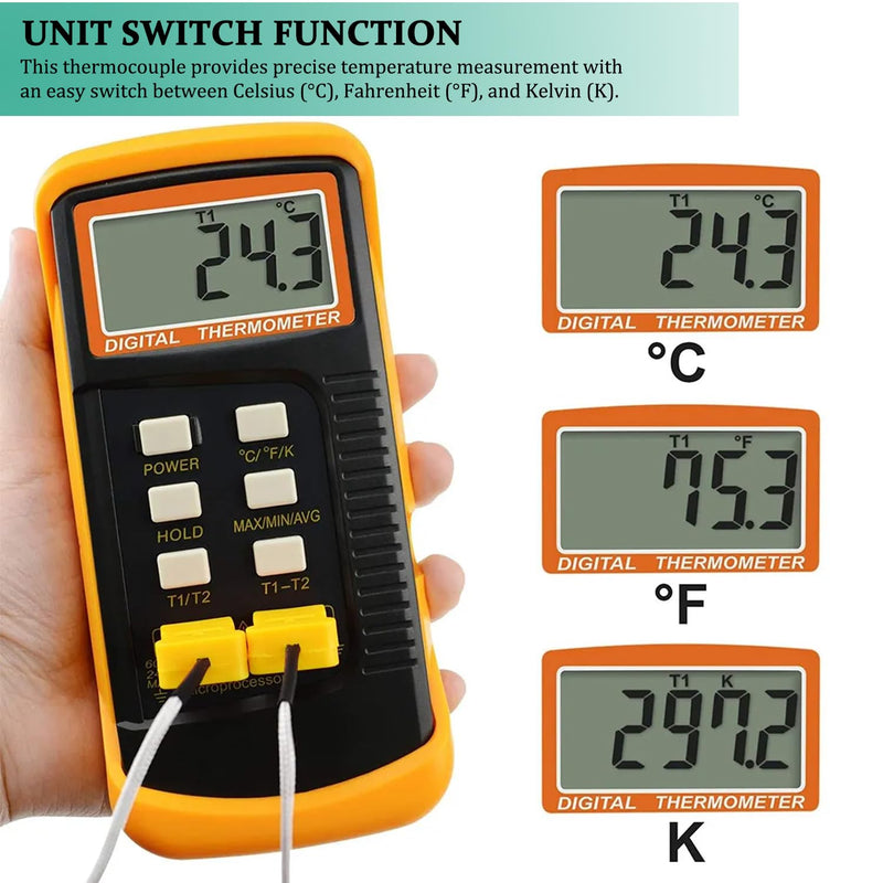 [Australia - AusPower] - K Type Thermocouple Thermometer Dual Channels Thermocouple Tester (-58~2372°F) High Accuracy Temperature Kelvin Scale Meter with 2X Temperature Clamp & 2X Pipe Thermocouple Probes K Type Thermocouple Thermometer 