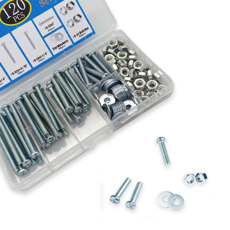 [Australia - AusPower] - 120 Pcs Machine Screws 8/32 Knob/Pull Screws Bolt Nut Flat Washers Assortment Kit Carbon Steel Zinc-Plated Phillips Used for Industrial and Construction Fasteners 4 Sizes Length #8-32x1"to#8-32x1-3/4" 120 Pcs Machine Screw Kit 