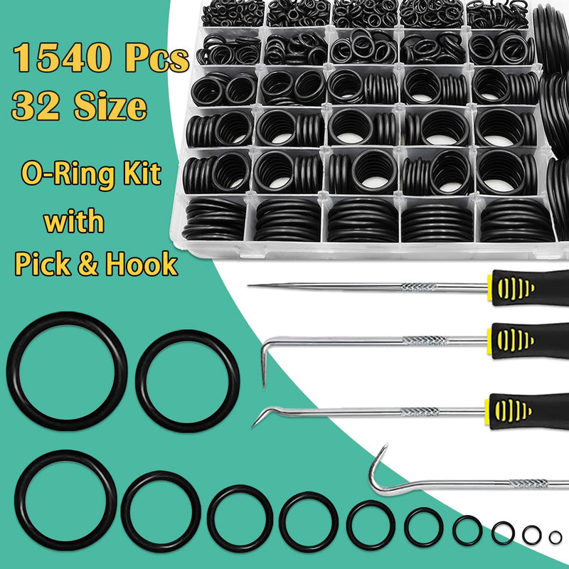 [Australia - AusPower] - 1540 Pcs 32 Size O-Rings Kit Nitrile Rubber Oring Assortment with 4 Hook Set for Various Car Auto Vehicle Repair Plumbing Pressure Washer Air or Gas Sealing Connections Resist Oil and Heat O-Ring Metric 1540 Pcs 32 Size 