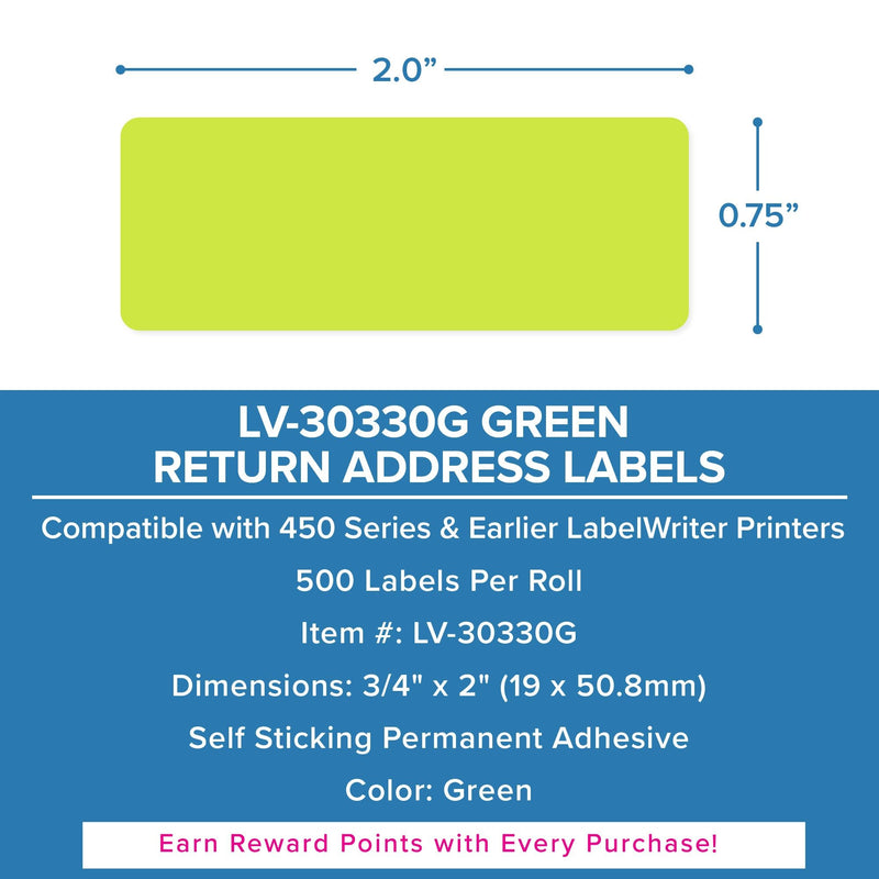 LabelValue LV-30330G 3/4" x 2" Green Return Address Direct Thermal Labels Compatible with Dymo 450 Series and Earlier LabelWriter Printers - 500 Labels Per Roll