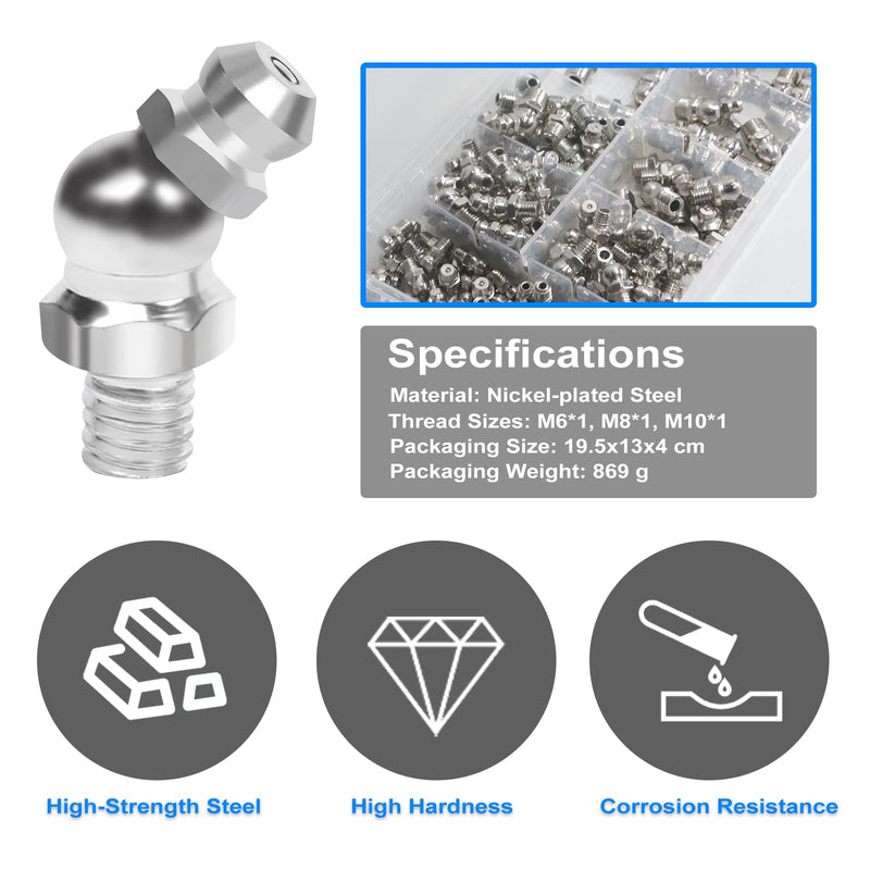 [Australia - AusPower] - LANZLC Pack of 170 Grease Nipple Assortment Kit, 45° 90° Nickel-Plated Iron Tapered Lubrication Nipple, M6 M8 M10 Straight Angled, Hydraulic Grease Nipple with Caps Storage Box for Lubricating Presses 