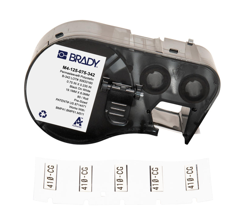 Brady Authentic (M4-125-075-342) PermaSleeve® Heat-Shrink Labels Polyolefin 0.235"H x 0.75"W Black on White 0.125"Dia, Cartridge of 80 Labels. For use with the BMP41, BMP51, and M511 label printers