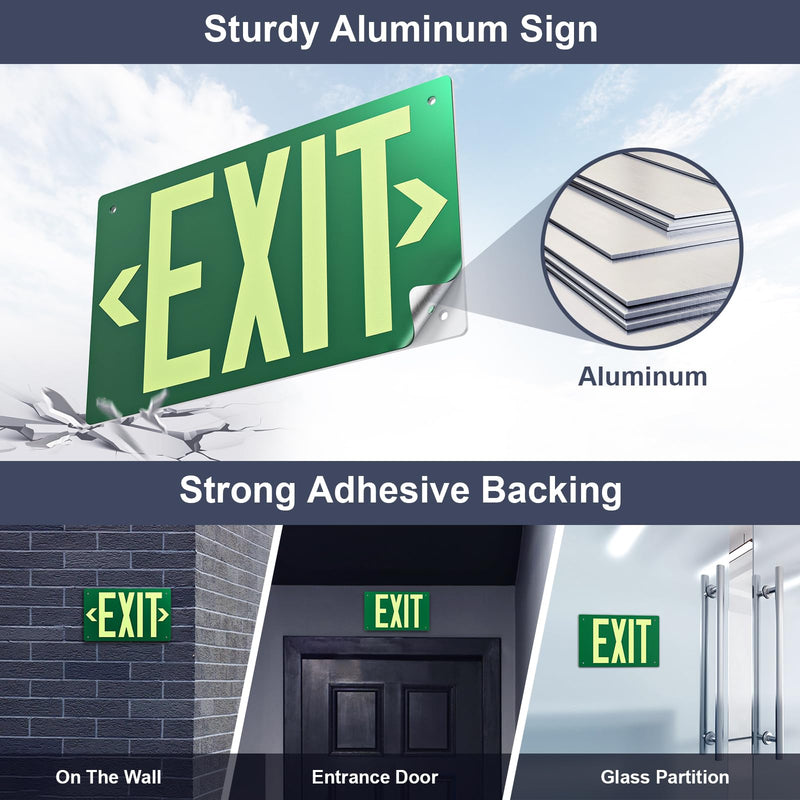 Photoluminescent Exit Sign Aluminum - Adhesive Backing Glow In The Dark - Removable Arrows Included - Pre-drilled Holes - 12x7 Inches - Non Electrical Green Exit Light For 50 Feet Visibility (2 Pack) Green 2 PCS With Pre-drilled Holes