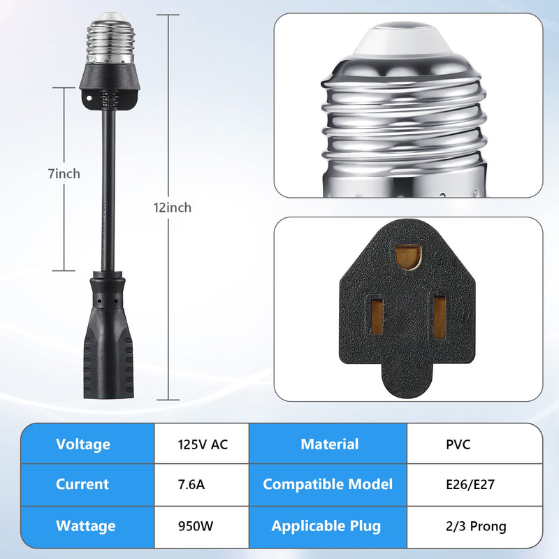 [Australia - AusPower] - Feekoon 3 Outlet Light Socket Adapter, Convert E26/E27 Bulb Socket to 3 Prong Outlet with Extension Cord, Flexible Light Socket Converter Suitable for Indoor Outdoor Porch Garage Patio Use (Black) Black 