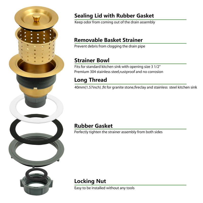 Gold Kitchen Sink Drain Assembly,Gold Sink Strainer with Removable Deep Waste Basket,Fit for Kitchen Sinks with Opening Size 3 1/2" Gold