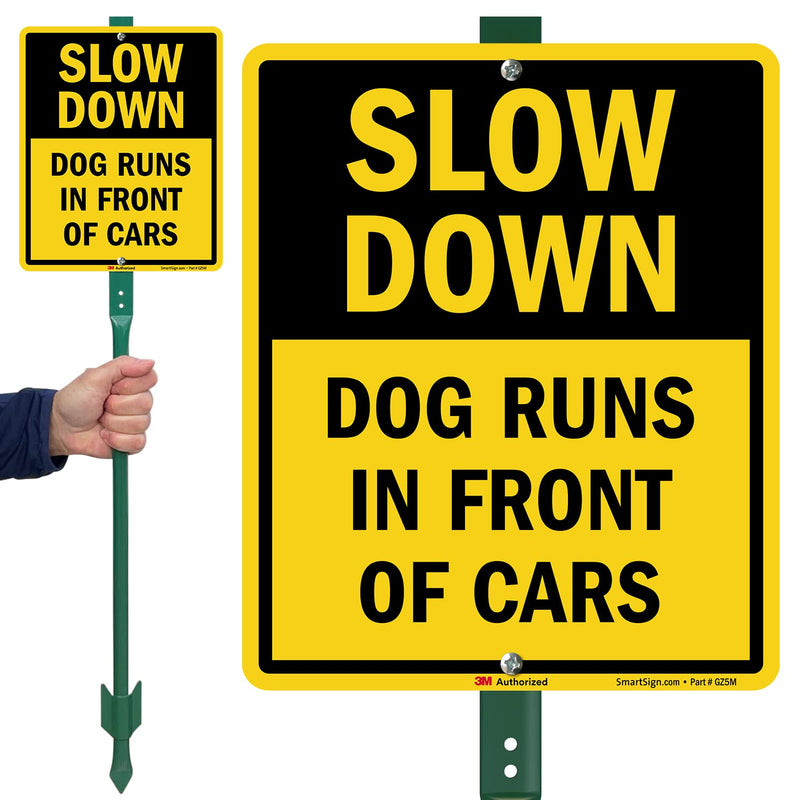 SmartSign 12" x 10" 'Slow Down Dog Runs In Front Of Cars' LawnBoss Yard Sign with 3 ft Stake, 40 mil Aluminum, 3M Laminated Engineer Grade Reflective Material, Black and Yellow