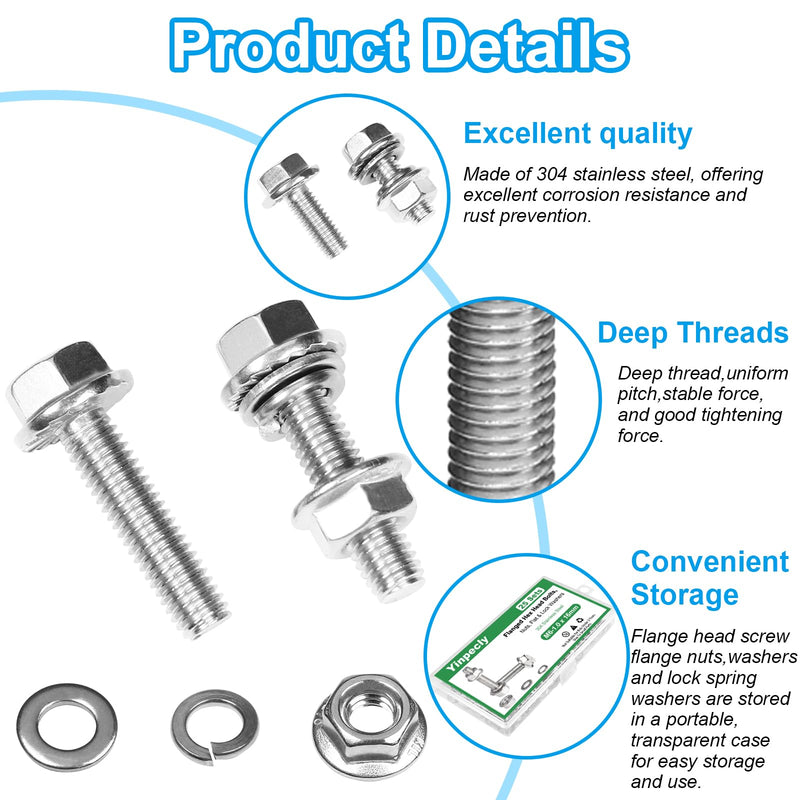 [Australia - AusPower] - Yinpecly 25 Sets M6-1.0 x 16mm Flanged Hex Head Bolts Kits, M6 Flange Hexagon Screws and Nuts,Flat & Spring Lock Washers,18-8 (304) Stainless Steel,Metric Bolt Assortment, Fully Threaded 