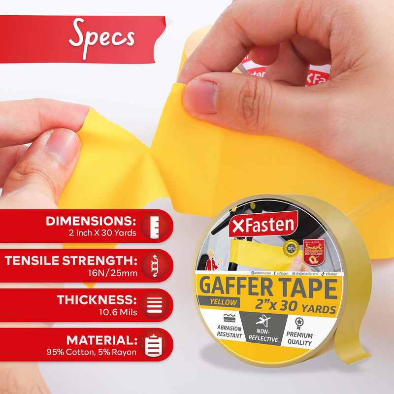 XFasten Yellow Gaffers Tape 2 Inch x 30 Yards, Cable Management Gaffer Tape, Ideal for Indoor, Outdoor Applications, Non-Reflective Matte Gaffing for Photography, Music, Film, Events