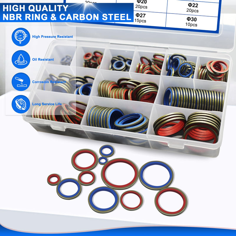 [Australia - AusPower] - 245pcs Bonded Seal Washer, NBR Metric Metal Automotive Sealing Washers Assortment Kit Self-Centred Sealing Rubber Gasket Combination Fit 12 Size M6 M8 M10 M12 M14 M16 M18 M20 M22 M24 M27 M30 245PCS Red & Blue Seal Washers 
