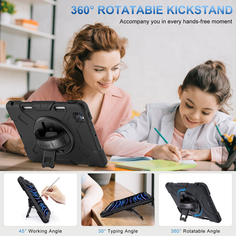 [Australia - AusPower] - SUPFIVES Case for iPad Pro 11 inch (2022/2021/2020), Upgraded Military Grade Shockproof Protector Silicone iPad Pro 11 4th Gen Cover Pencil Holder+ Handle+ Shoulder Strap+ Rotating Kickstand, Black Ipad pro 11 inch 2022/2021/2020/2018 
