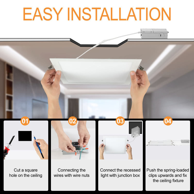 LZHOME 11 inch 26W Square LED Recessed Light, 3 Color Temperature Selectable & Dimmable Lamp, 2200 Lumens Ultra Thin Led Canless Downlight Lighting with Junction Box for Living Room Kitchen Bedroom… White-1-PACK 11Inch