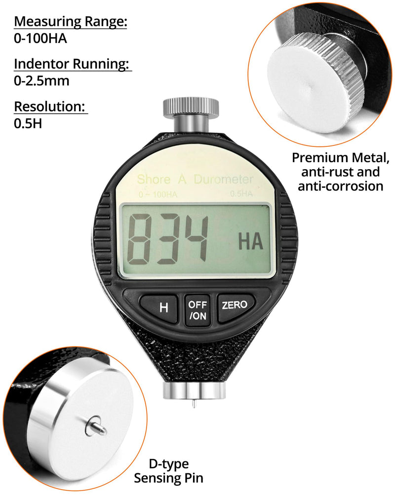 QWORK Shore A Hardness Meter, 0-100HA Digital Durometer Hardness Tester with Large LCD Display for Rubber, Plastics, Flooring, Tire, Bowling Ball