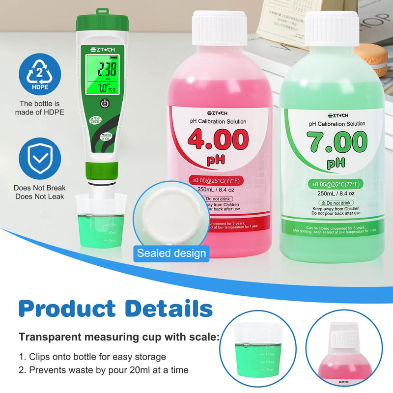 [Australia - AusPower] - pH EC TDS Meter for Water Hydroponic Nutrient with 8.4oz pH 4.00 Calibration Solution and 8.4oz pH 7.00 Calibration Solution, 4 in 1 pH Conductivity PPM Tester with Simultaneous Display 