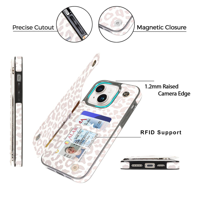 [Australia - AusPower] - uCOLOR Flip Leather Wallet Case Card Holder Compatible with iPhone 13 6.1 iPhone 14 6.1 Women and Girls with Card Holder Kickstand (Beige Leopard) Beige 