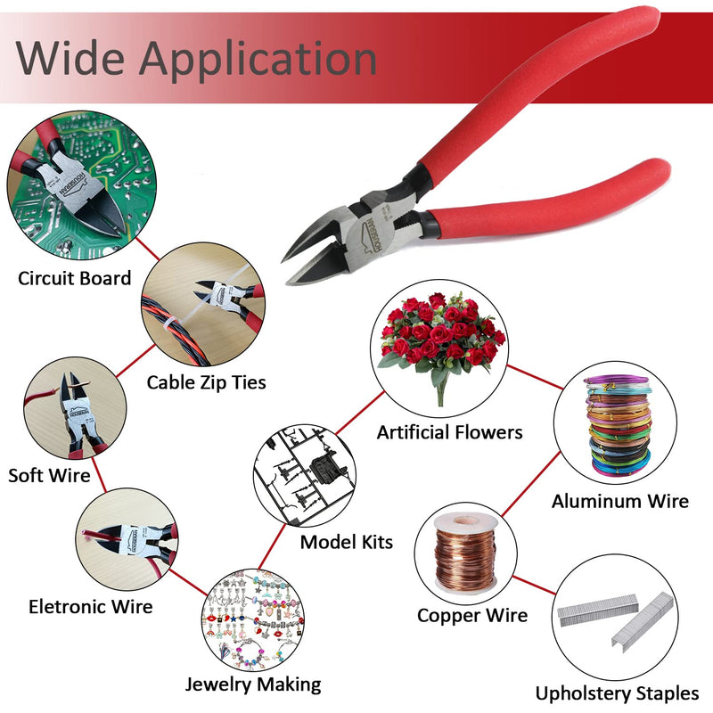 [Australia - AusPower] - Wire Cutters 2 PACK, 6 inch Wire Cutters Set, HOUSERAN Side Cutters Flush Cut Pliers, Spring Loaded Cutting Pliers with Non-slip Red Handle, Wire Cutters Heavy Duty for Jewelry Making, Crafts, Zip Tie 6"- 2 Pack 
