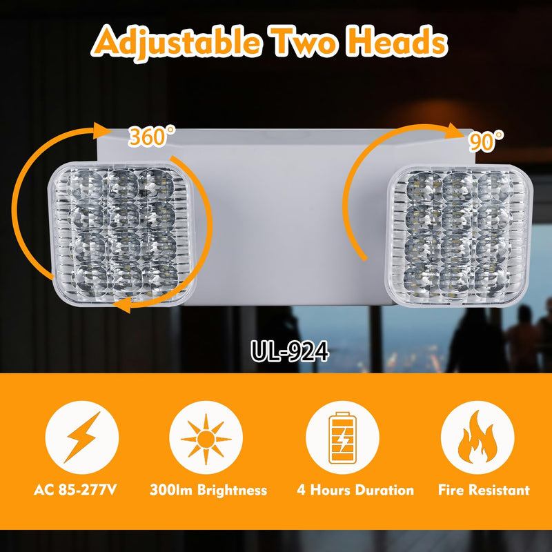 LED Emergency Lights for Business Home Power Failure,4Hours 300lm Automatic Battery Backup,Rechargeable Emergency Exit Lighting Fixtures,Hardwired, UL 924 AC85-277V Square with L N Wires White