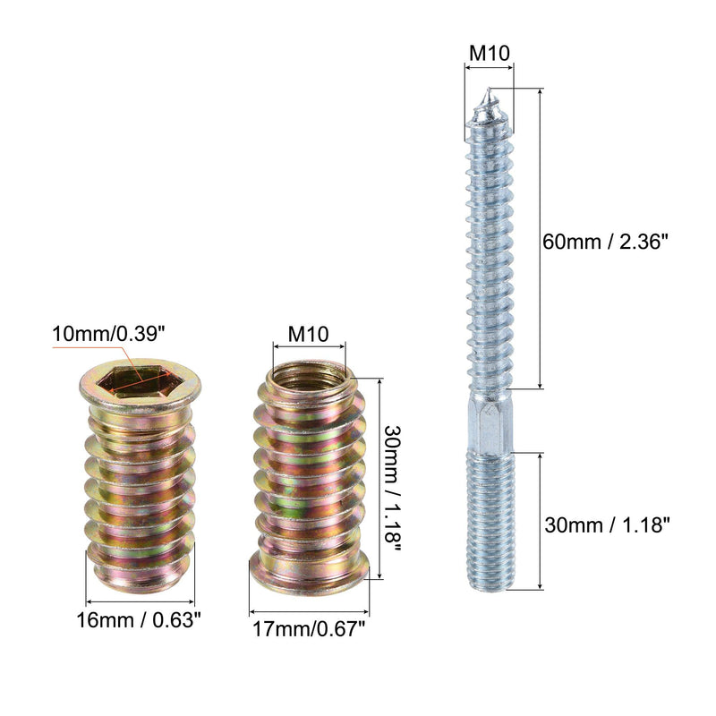 [Australia - AusPower] - uxcell 5pcs M10x30mm Insert Nuts, 8pcs M10x100mm Hanger Bolts, Wood Furniture Set 