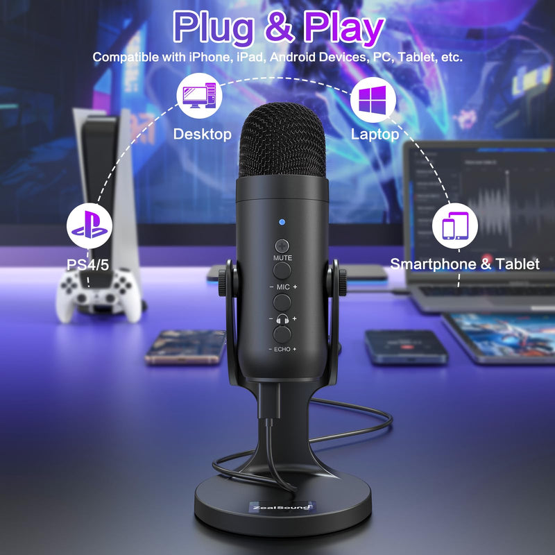 [Australia - AusPower] - ZealSound USB Microphone,Condenser Computer PC Mic,Plug&Play Gaming Microphones for PS 4&5.Headphone Output&Volume Control,Mic Gain Control,Mute Button Vocal,YouTube Podcast on Mac&Windows(Black) Black 