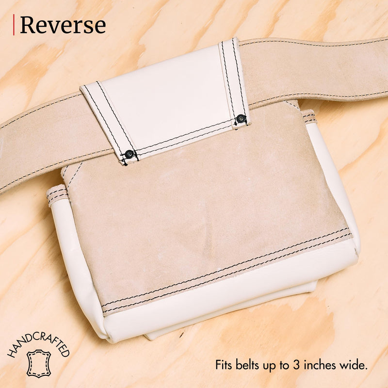 FESA 2 Pocket Nail Pouch for Tool Belts - Leather Screw Pouch with 2 Extra Large Pockets for Fasteners - Heavy Duty Rivets & Stitching - Fits Tool Belts up to 3" - Handcrafted White