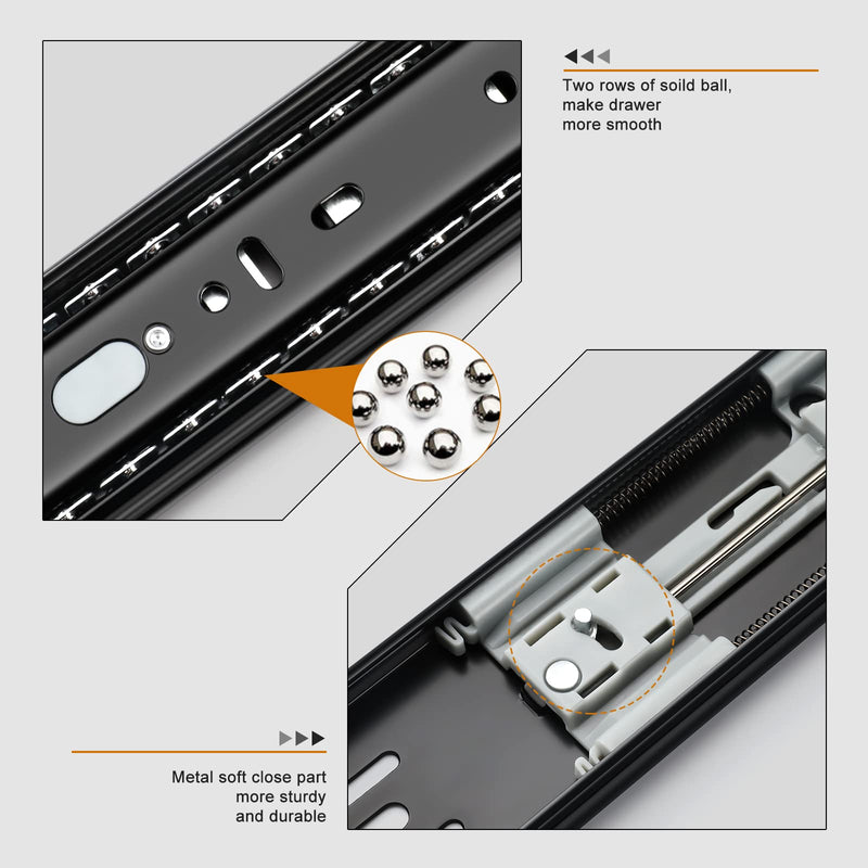 LONTAN 12 Inch Soft Close Drawer Slides Side Mount Dresser Drawer Glides 2 Pair Black 9.76" Extension Ball Bearing Heavy Duty Rails for Cabinets Drawer Hardware 100LB Capacity