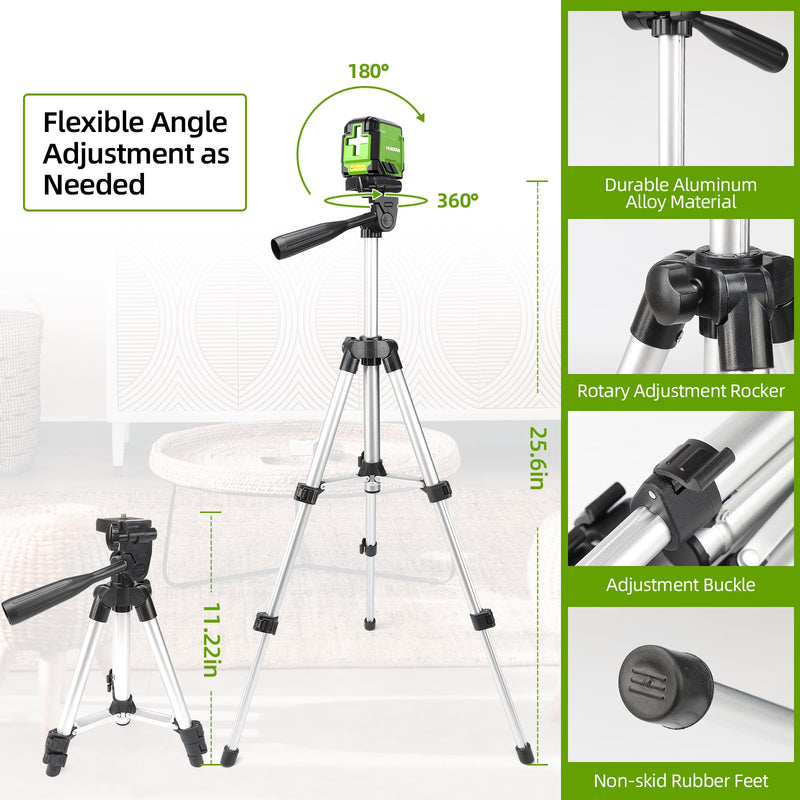 360° Laser Level with Tripod, Huepar 98Ft Self Leveling Laser Level Accurate Green Cross Line Laser Leveler Tool for Picture Hanging, Tile, Construction Indoor Project, Battery&Carrying Bag Included