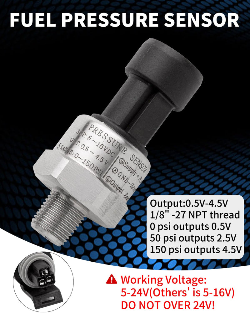 150 Psi Fuel Oil Pressure Transducer Sensor Sender 1/8" -27 NPT Thread with Harness Kit for Oil Fuel Air Water, Stainless Steel 0-150 Psi Sensor Pressure Transmitter