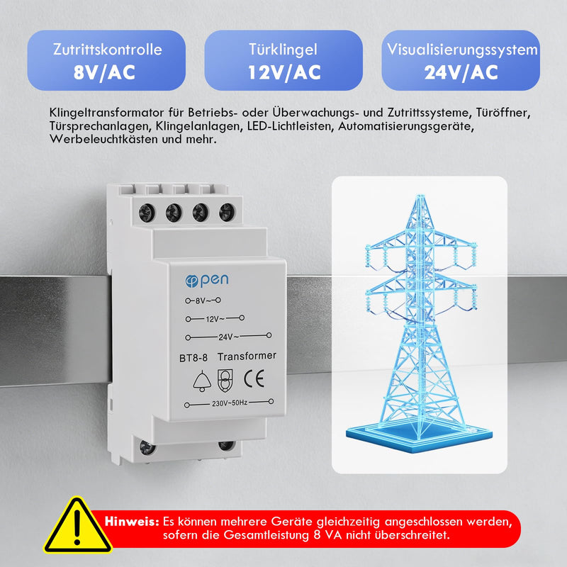Bell Transformer 8 V 12 V 24 V, Bell Transformer 230 V AC Inputs, 8-24 V/AC Exports, Surge Protection, Fits Standard DIN Rail, Doorbell for Monitoring and Access Systems