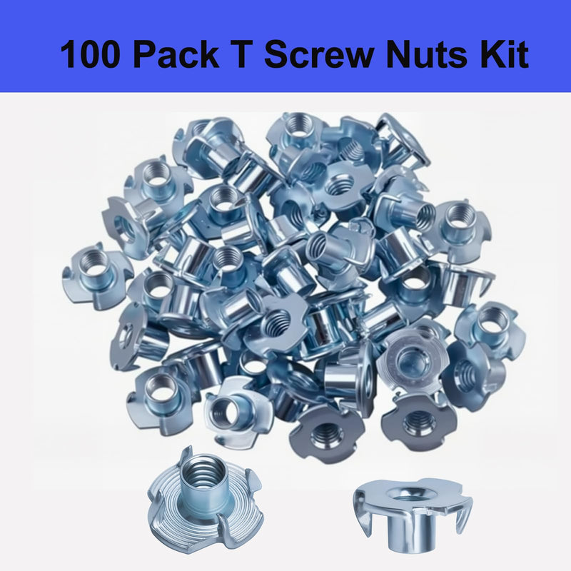 [Australia - AusPower] - 100pcs 1/4"-20 T-Nut, Zinc-Plated Steel Threaded Insert Corrosion Resistant,5/16" Barrel Length,4-Pronged Tee Nut for Wood,Rock Climbing Holds,Home,Cabinetry, Furniture,etc. 